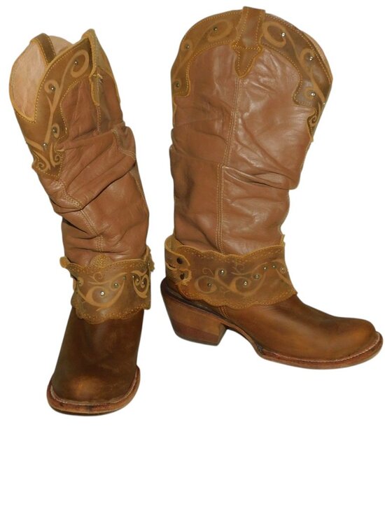 Western Shoes - Brown Leather Slouch Western Boots With Decorative Harness Straps Made In Mexico